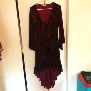 Dark Red Velvet Ruffled Bell Sleeve Asymmetical Deep V Midi Dress Sz 4/6